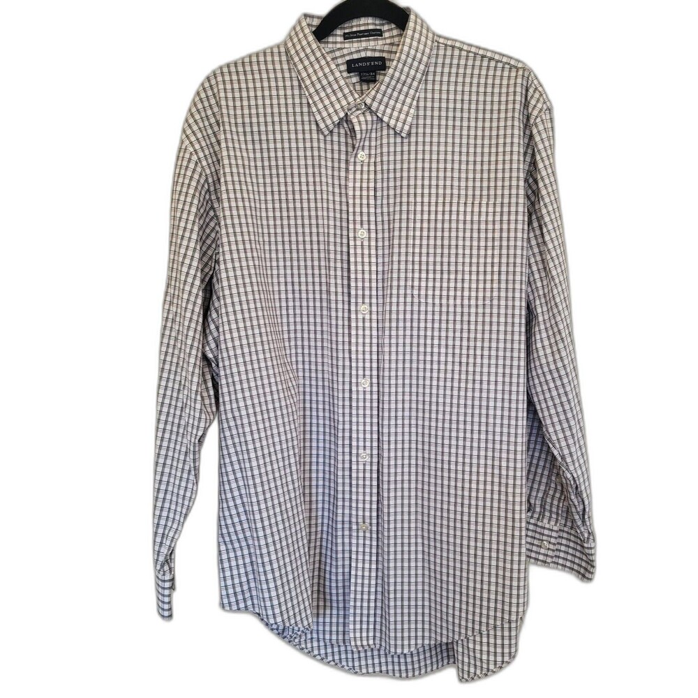 Lands End Mens Shirt Size 171/2-34 Plaid White Long Sleeve Button Down Cotton